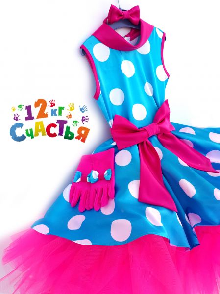 Платье для девочки "Стиляги (на голубом атласе крупный белый горох)"