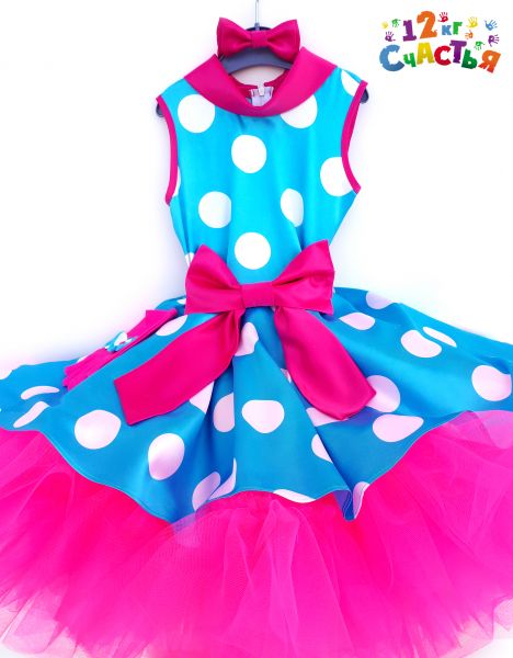 Платье для девочки "Стиляги (на голубом атласе крупный белый горох)"