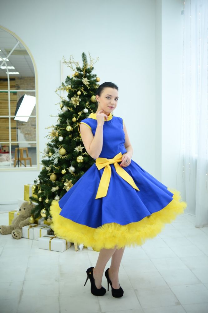 Платье женское, синий и желтый — нарядные детские платья для девочек | Интернет-магазин платьев для девочек «12 кг Счастья»