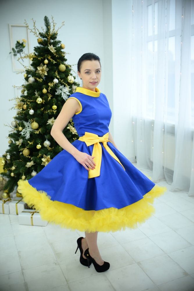 Платье женское, синий и желтый
